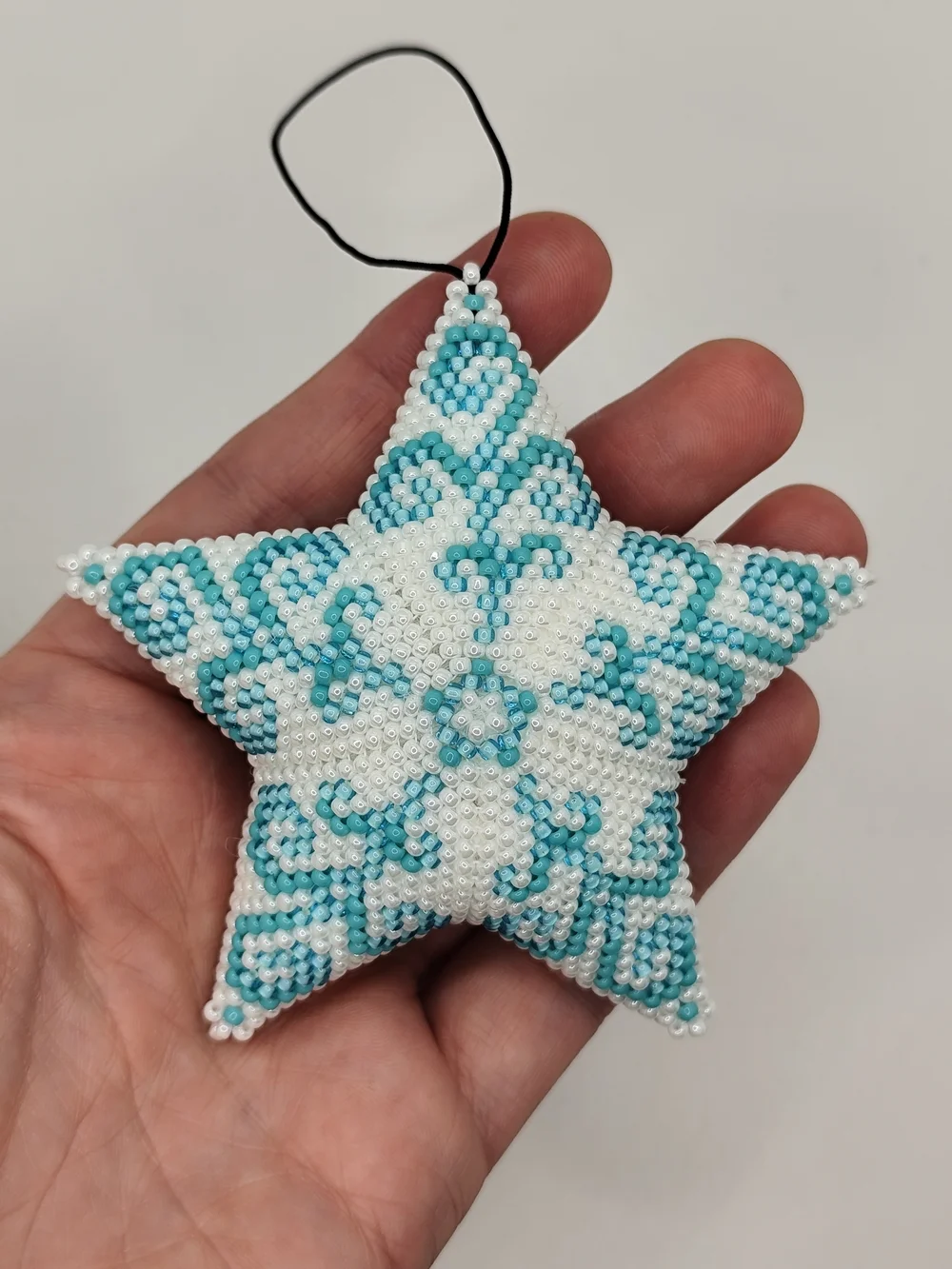 Beaded Star Ornament in White & Teal - Handcrafted Holiday Accent